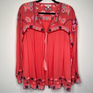 Velzera Womens BOHO Top Size 1XL Coral Tassel Tie Vest Oversized Embroidered